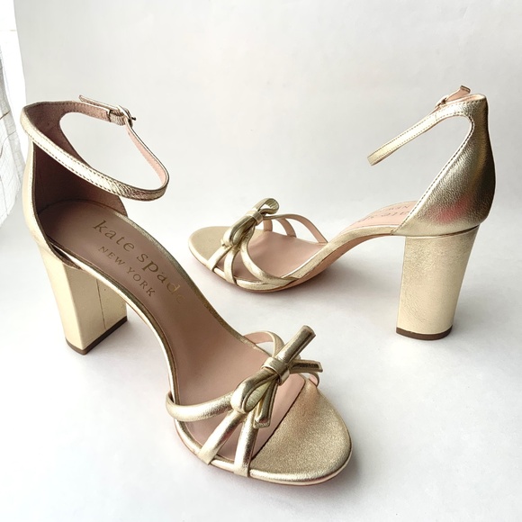 Kate Spade Flamenco Gold Leather Block High Heel Sandals Ankle Strap Heels 9.5 - Picture 12 of 14